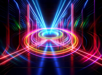 A vibrant double exposure image showcasing a futuristic, neon-lit tunnel.  Concentric circles of rainbow light create a mesmerizing, symmetrical effect.