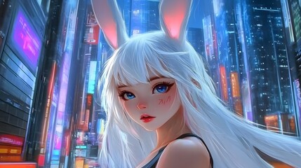 Beautiful white-haired girl with blue eyes and bunny ears standing in neon-lit cyberpunk cityscape, futuristic urban background, high-tech cyber fashion, night city aesthetics with vibrant lights