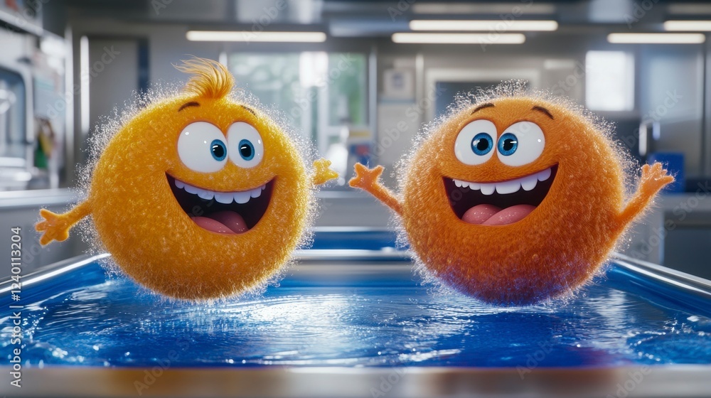 Poster two adorable and fluffy animated characters joyfully interacting in a bright kitchen setting filled 