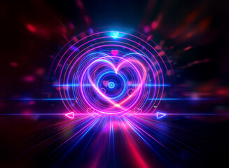 A vibrant double exposure image showcases a glowing neon heart at the center of concentric circles, surrounded by streaks of light resembling a speed effect.  The heart pulses with pink and blue energ