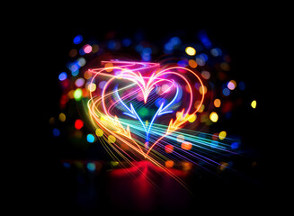 A vibrant, multicolored heart shape created with light trails against a bokeh background.  A double exposure effect adds depth and luminosity.