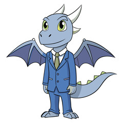 A winged dragon in a muted indigo blazer with soft silver detailing Illustrator Artwork