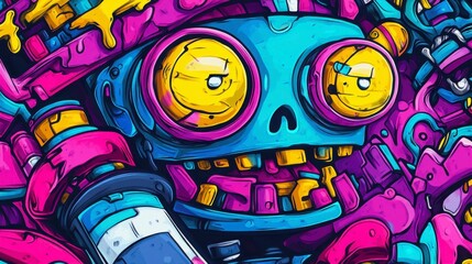 Obraz premium A colorful, artistic representation of a quirky robot character with expressive eyes and a vibrant, mechanical backdrop