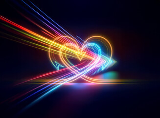 A vibrant double exposure image showcases two intertwined hearts formed by streaks of light, resembling arrows in motion.  The radiant colors and dynamic composition create a feeling of love and energ