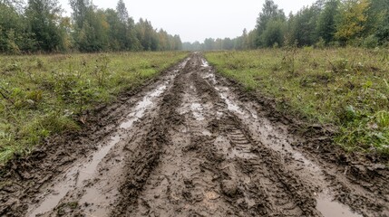 Muddy forest road, autumn, tire tracks, nature background, travel