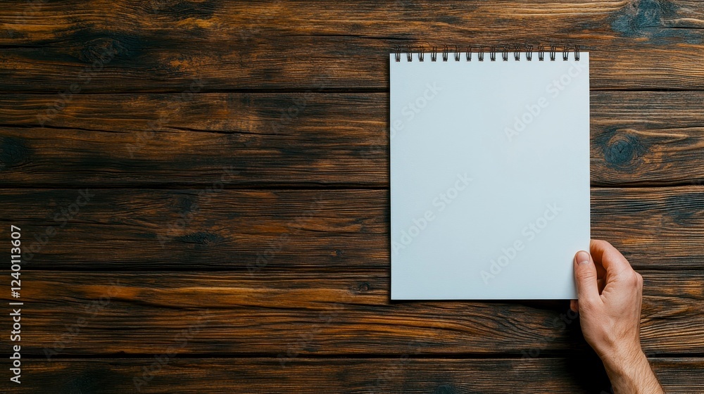 Poster an empty sketchbook resting on a rustic wooden table, inviting creativity and inspiration for art or