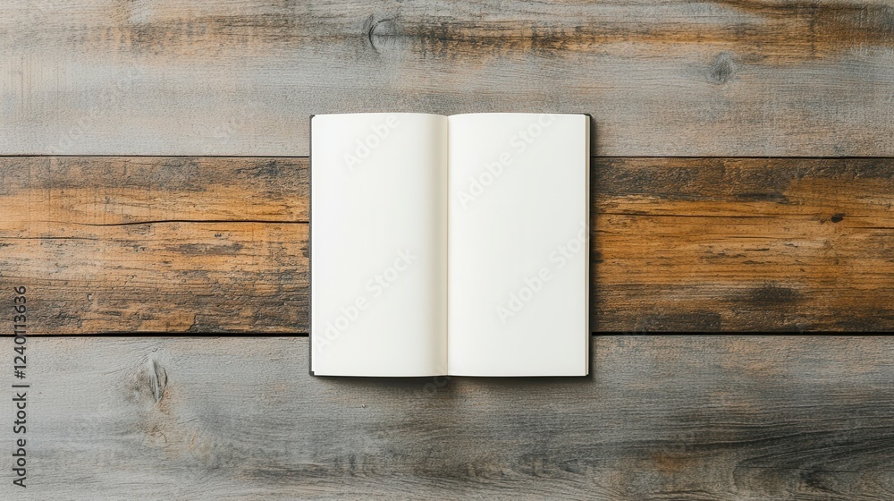 Poster an open blank notebook lies on a rustic wooden table, inviting creativity and ideas in a tranquil se
