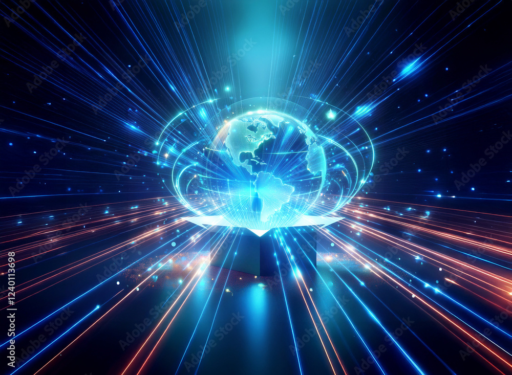 Poster a mesmerizing double exposure image showcases a glowing earth encased in vibrant energy streams. lig