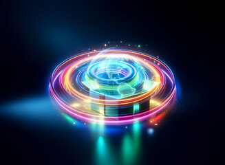 A vibrant double exposure image showcases a translucent globe encircled by luminous, multicolored rings, creating a futuristic, energy-filled effect against a dark background.