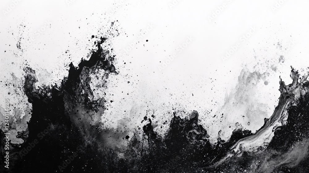 Poster abstract black ink splash on white background creating a dramatic and artistic texture