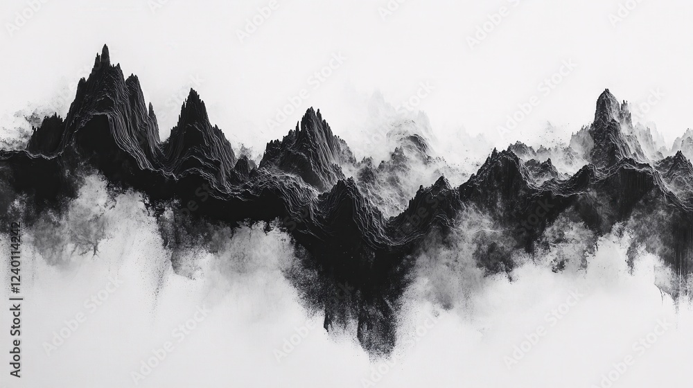 Poster abstract black mountain range with white fog on a light background in a minimalist style