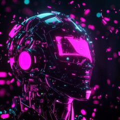 Fototapeta premium Futuristic robotic head with vibrant neon elements and abstract energy particles surrounding it