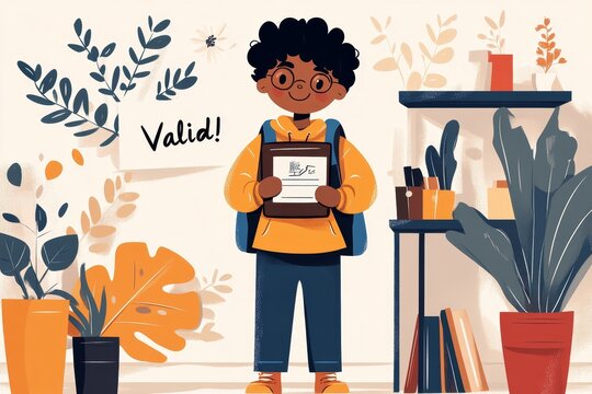 A flat 2D illustration of a teacher handing a student a report card stamped â€œValid,â€ with cheerful colors and a white background