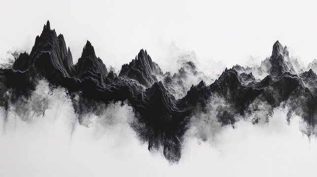 Abstract black mountain range with white fog on a light background in a minimalist style - Powered by Adobe