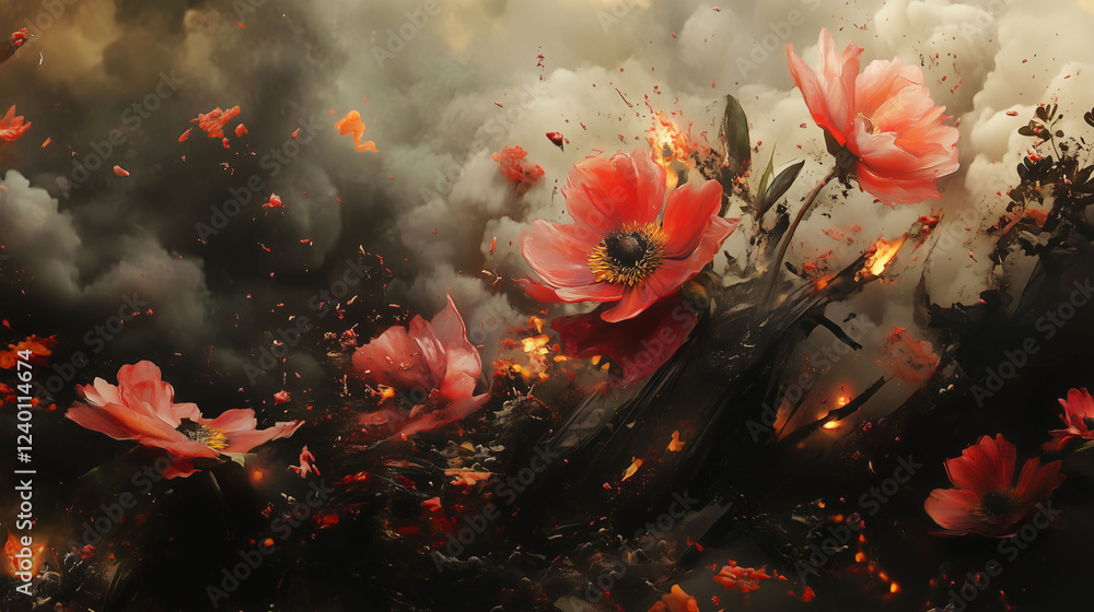 Poster abstract floral landscape with vibrant colors and dynamic elements in a surreal composition. generat