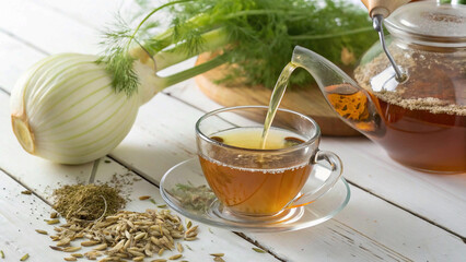 Fennel tea in a glass cup, fresh fennel bulb, seeds and tea pot pouring tea to cup. White wooden table with ldetoxification, relaxation, refreshing,ight background
