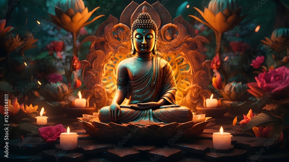 Poster serene buddha figure surrounded by vibrant mandala patterns of light and color a spiritual and calmi