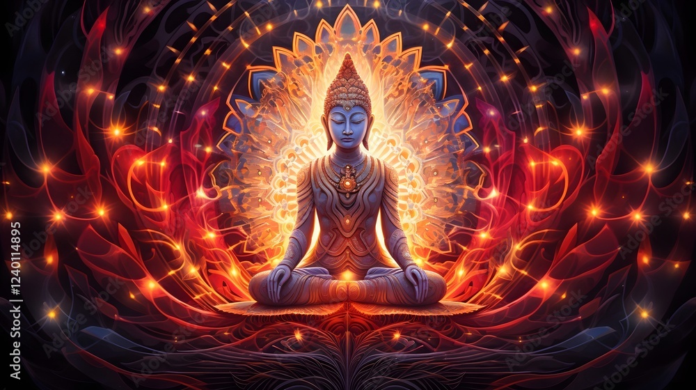 Poster glowing buddha figure surrounded by a radiant aura and enveloped in a mesmerizing display of vibrant