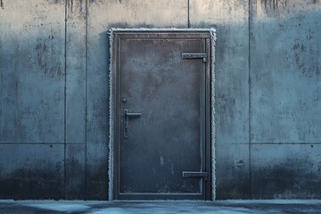 Cold industrial metal door covered in frost against a concrete wall in a frigid environment