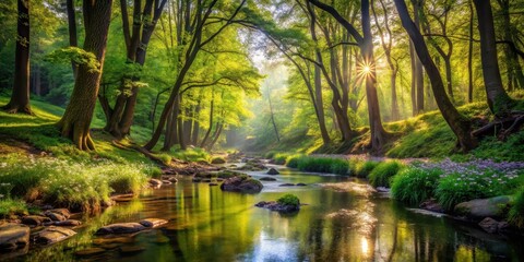 Serene Woodland Stream at Sunrise, Sunlight Filtering Through Lush Green Canopy, Reflecting on Calm Water, Embracing Tranquil Nature Scene