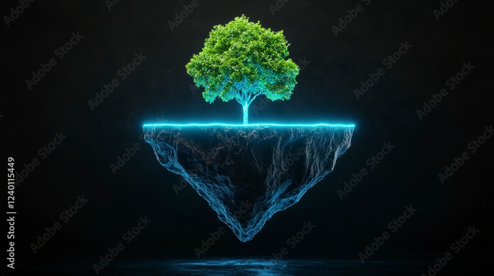 Poster a surreal floating island with a vibrant tree illuminated by neon light, capturing the essence of di
