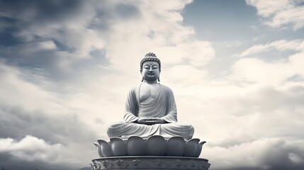 Fototapeta premium Majestic outdoor Buddha statue framed by a dramatic cloudy moody sky The large serene figure sits in a peaceful contemplative pose amidst the natural spiritual landscape