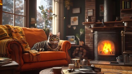 A Cozy Living Room with a Cat Relaxing in an Orange Armchair