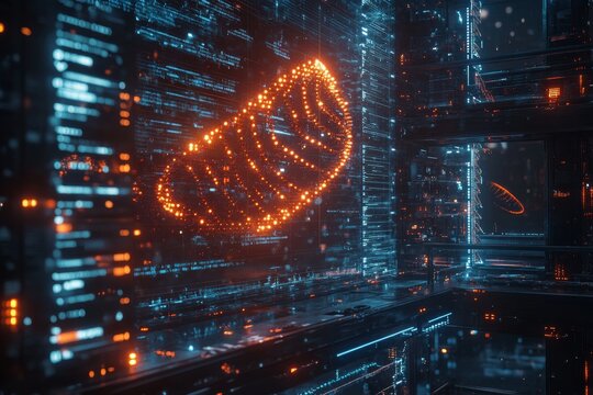 Data capsule transfer, server room, digital background, tech concept