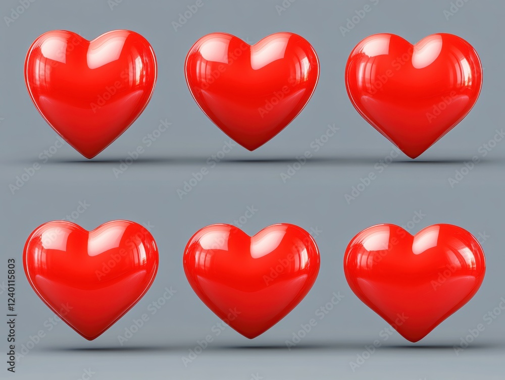 Poster six red glossy heart shapes arranged on a gray background creating a love themed pattern