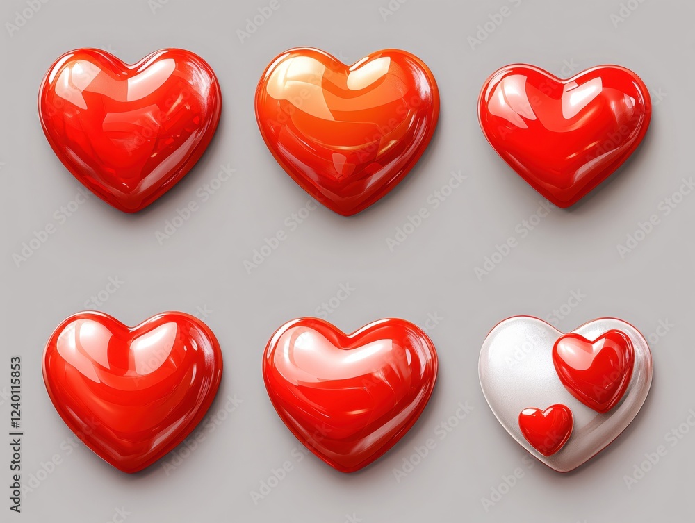 Poster glossy red hearts arranged in a grid pattern with a white heart and smaller red heart