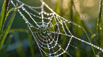 Closeup Dew Drops on Spiderweb in Green Grass