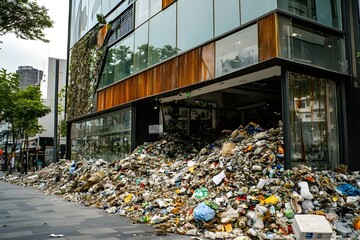 Obraz premium Garbage piled up around a building is a reminder of the worsening pollution crisis around the world