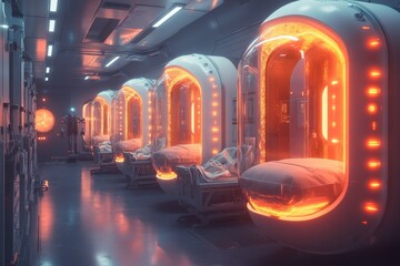 Futuristic sleep pods, space station, orange glow, medical facility, sci-fi illustration