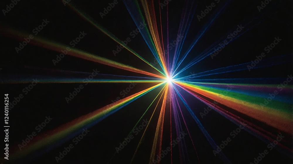 Poster colorful light rays bursting from central point in dark background