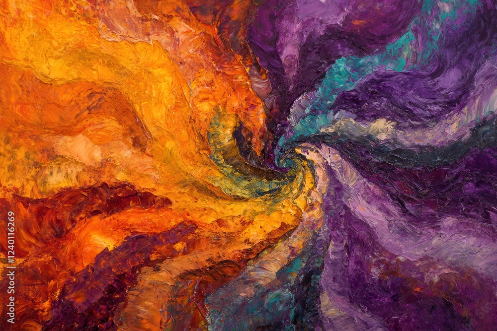 Poster vibrant abstract swirl of orange, purple, and teal colors creating a dynamic visual effect