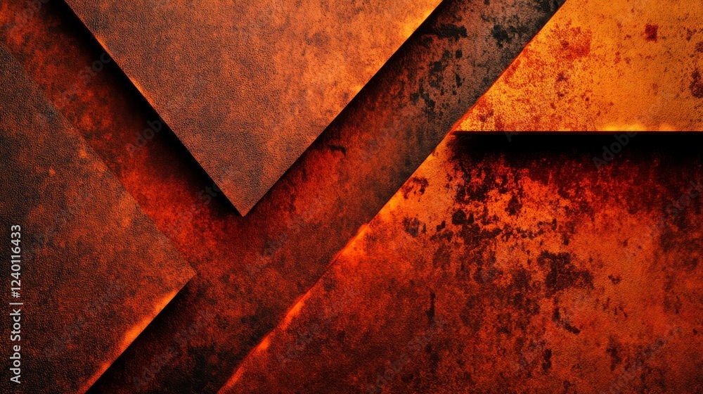 Poster an abstract composition of layered rusty metal textures showcasing a vivid display of orange and bro