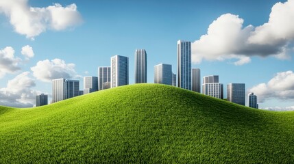 Fototapeta premium A vibrant urban skyline emerging from lush green hills under a bright blue sky with fluffy clouds, representing a harmonious blend of nature and architecture.