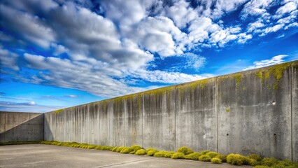 A high concrete wall stretches beneath a vibrant blue sky adorned with fluffy white clouds, a tranquil scene featuring low-lying ground cover plants adding a touch of nature's beauty