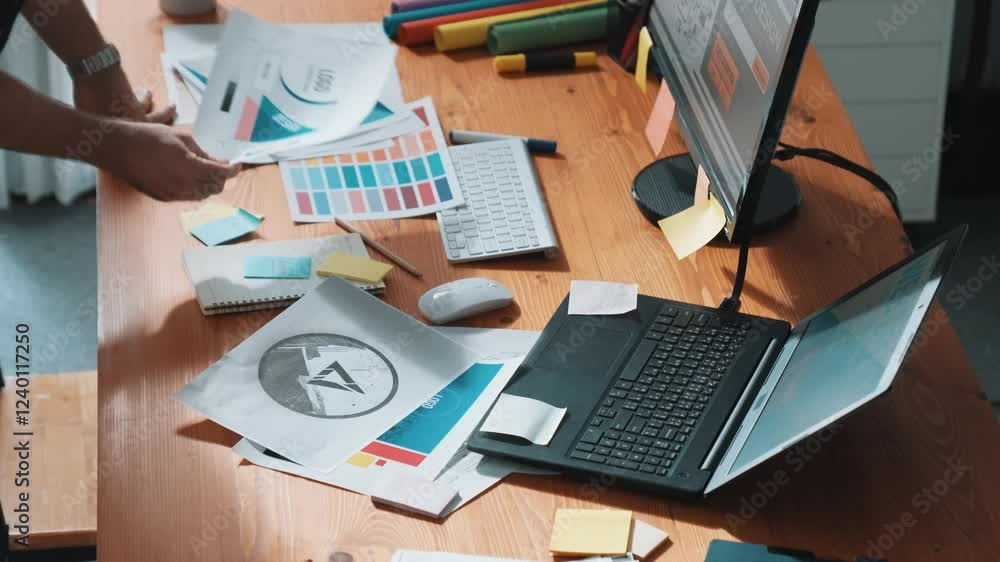 Poster close up of smart businessman hand choosing color palettes while designing logo graphic. aerial view