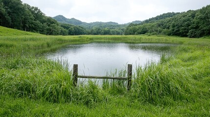 Serene pond, grassy hills, overcast sky, rural landscape, nature photography