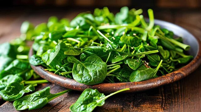 Fresh spinach leaves on a wooden plate, vibrant and healthy