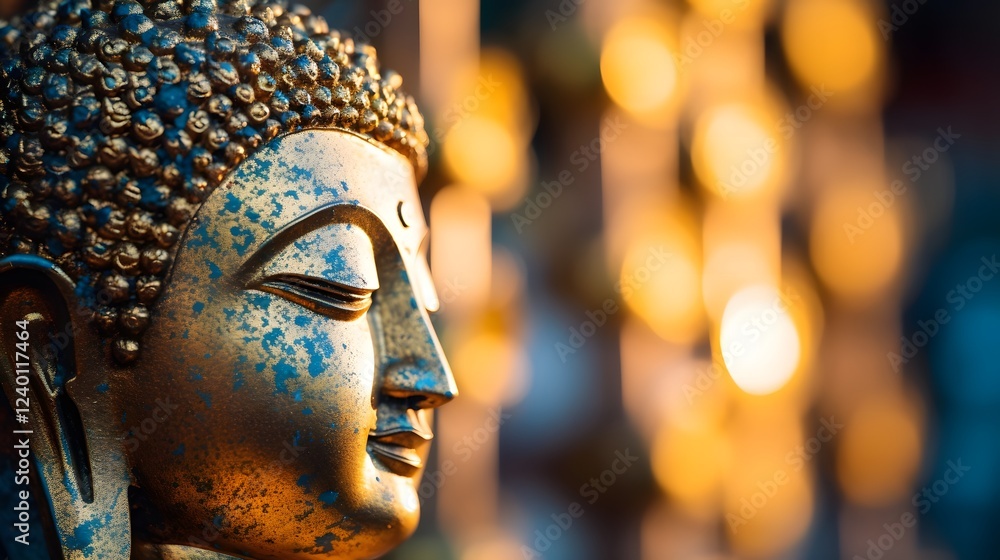 Poster close up portrait of a buddha statue showcasing the serene and tranquil expression on its face highl