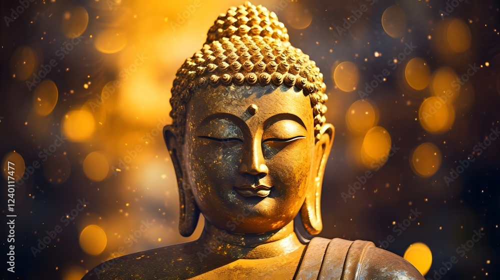 Poster close up portrait of a buddha statue with a serene tranquil expression and glowing golden textures a