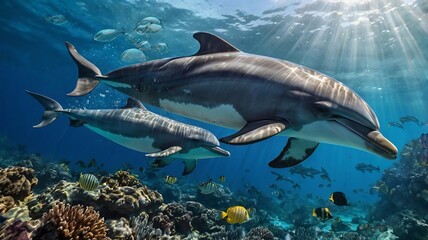 Obraz premium Dolphin and Calf Swimming in Vibrant Coral Reef