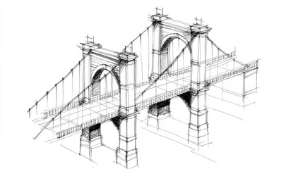 Obraz premium Suspension Bridge Line Drawing: A meticulous line drawing of a majestic suspension bridge, capturing the intricate details of its structure and design in a timeless black and white aesthetic.