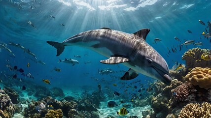 Dolphin Swimming Amidst Vibrant Coral Reef in Sunlit Ocean
