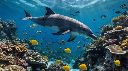 Fototapeta premium Dolphin swimming amidst vibrant coral reef and diverse fish in clear ocean water