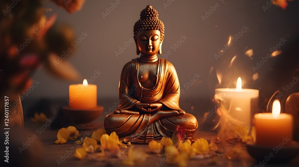 Poster serene and tranquil golden buddha figure enshrined in a sacred altar setting with soft atmospheric l
