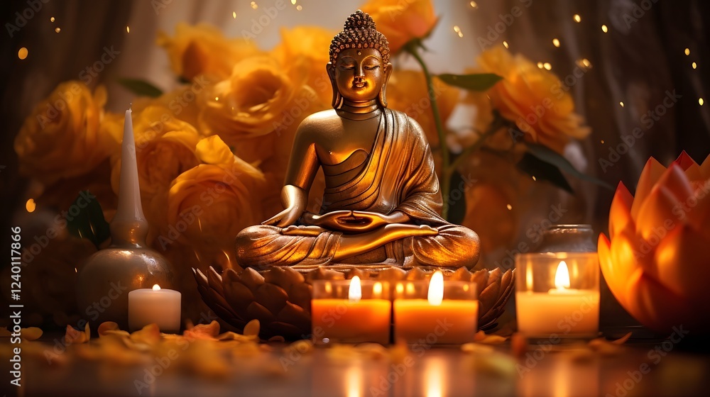 Poster ornate golden buddha statue placed in a serene sacred altar setting with soft warm lighting creating