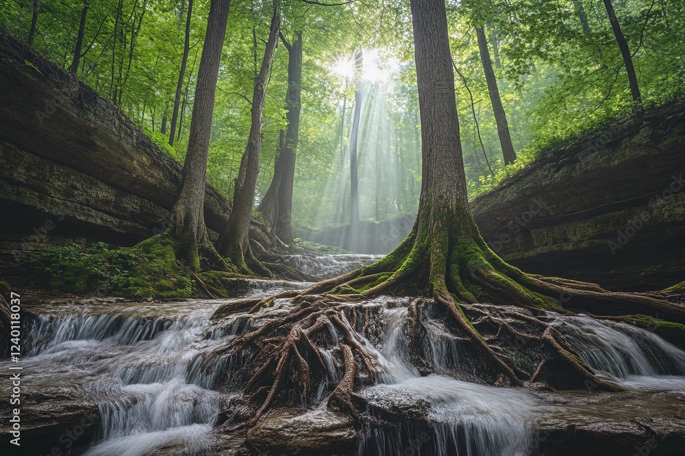 Poster Discovering the tranquility of a dense forest with ancient trees and gentle streams